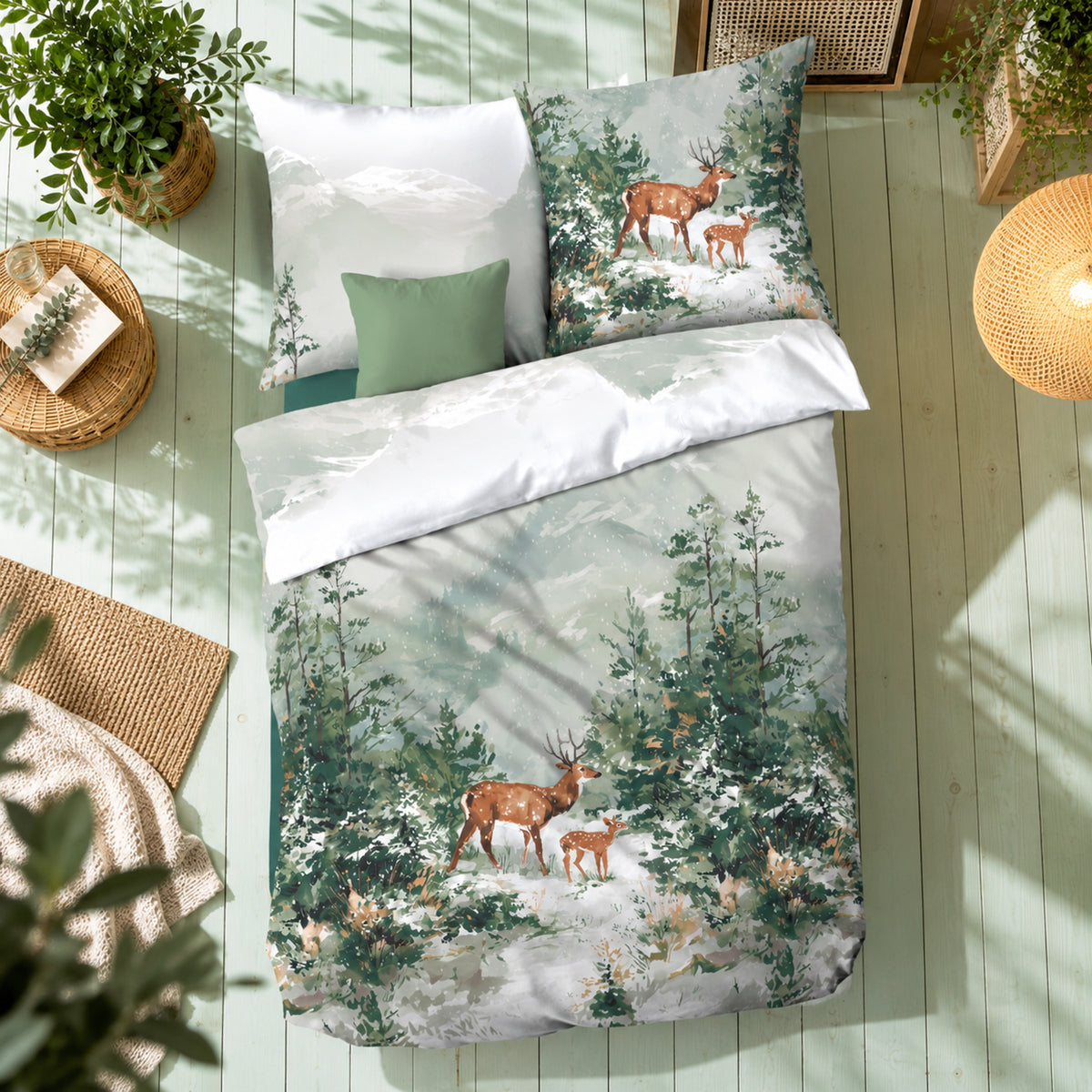 Bettwäsche Kaeppel Biber 614-503 Majestic Deer Reh Wald grün 135x200