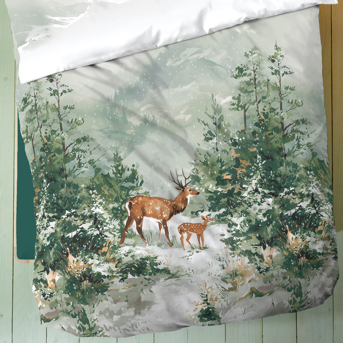 Bettwäsche Kaeppel Biber 614-503 Majestic Deer Reh Wald grün 135x200