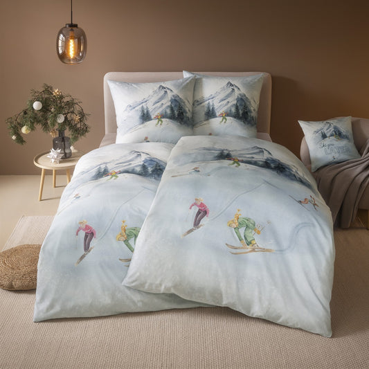 Bettwäsche Flanell Mountaina Weiß mit Skiläufermotiv 155 x 220 cm