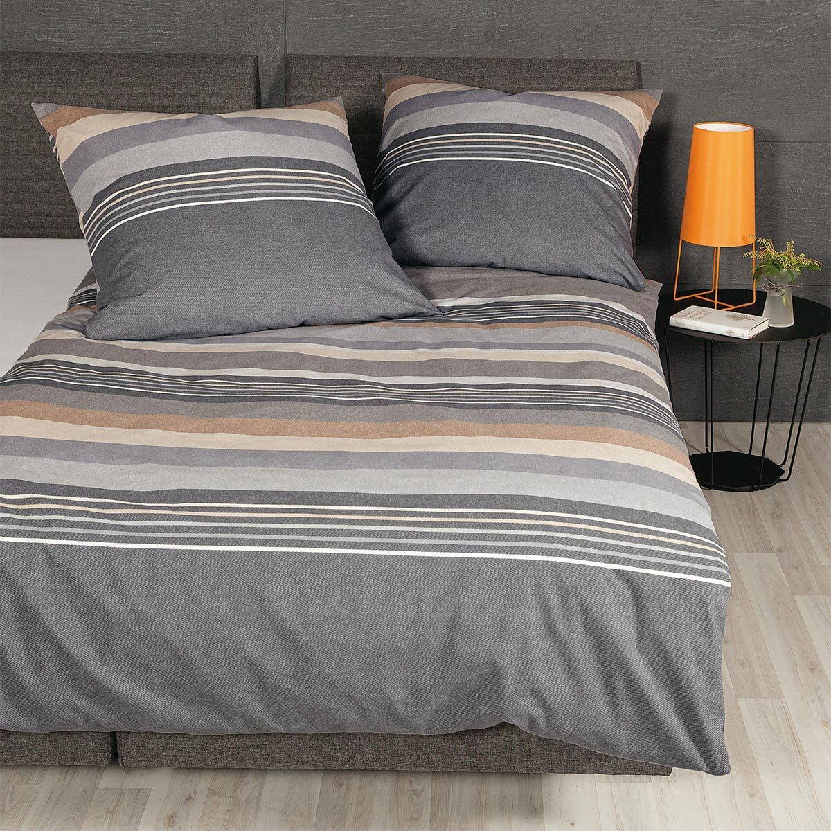 Janine Feinbiber Bettwäsche Davos 65140-08 Grau Braun Streifen 135x200