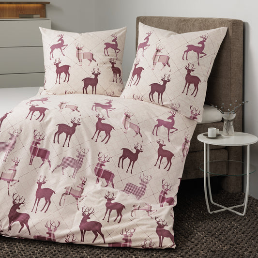 Janine Feinbiber Bettwäsche Davos 65180-01 Hirsche Beige Rosa 135x200