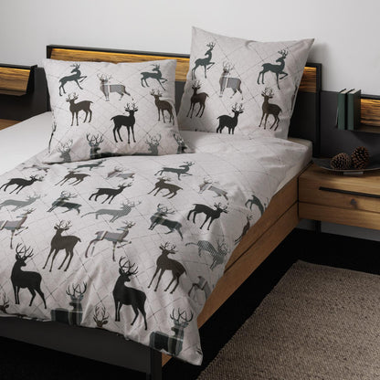 Bettwäsche Feinbiber Davos Natur mit Hirschmotiv 135 x 200 cm
