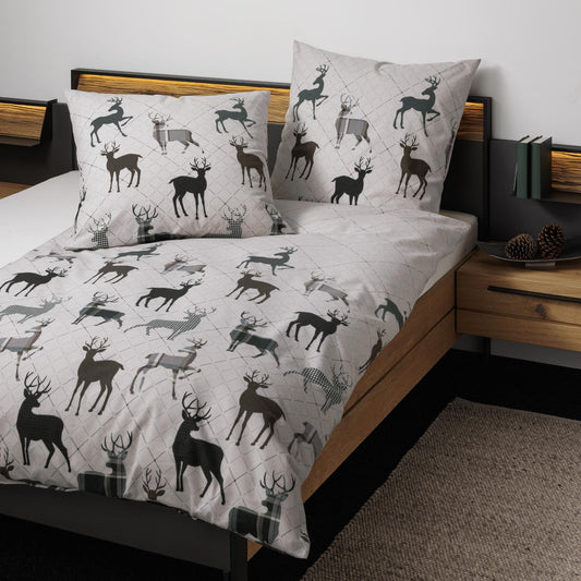 Bettwäsche Feinbiber Davos Natur mit Hirschmotiv 135 x 200 cm