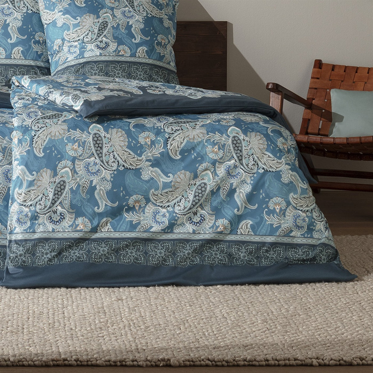 Bettwäsche Interlock Jersey Hera Blau mit Paisleymuster 135 x 200 cm