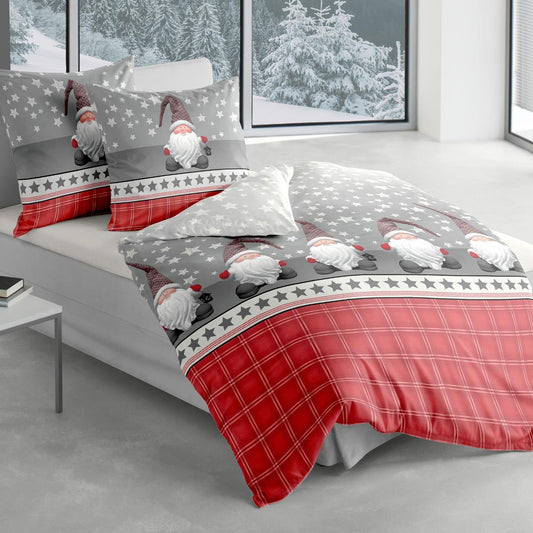 Bettwäsche Bierbaum Biber 6915-01 Wichtel Sterne Rot Grau 135x200