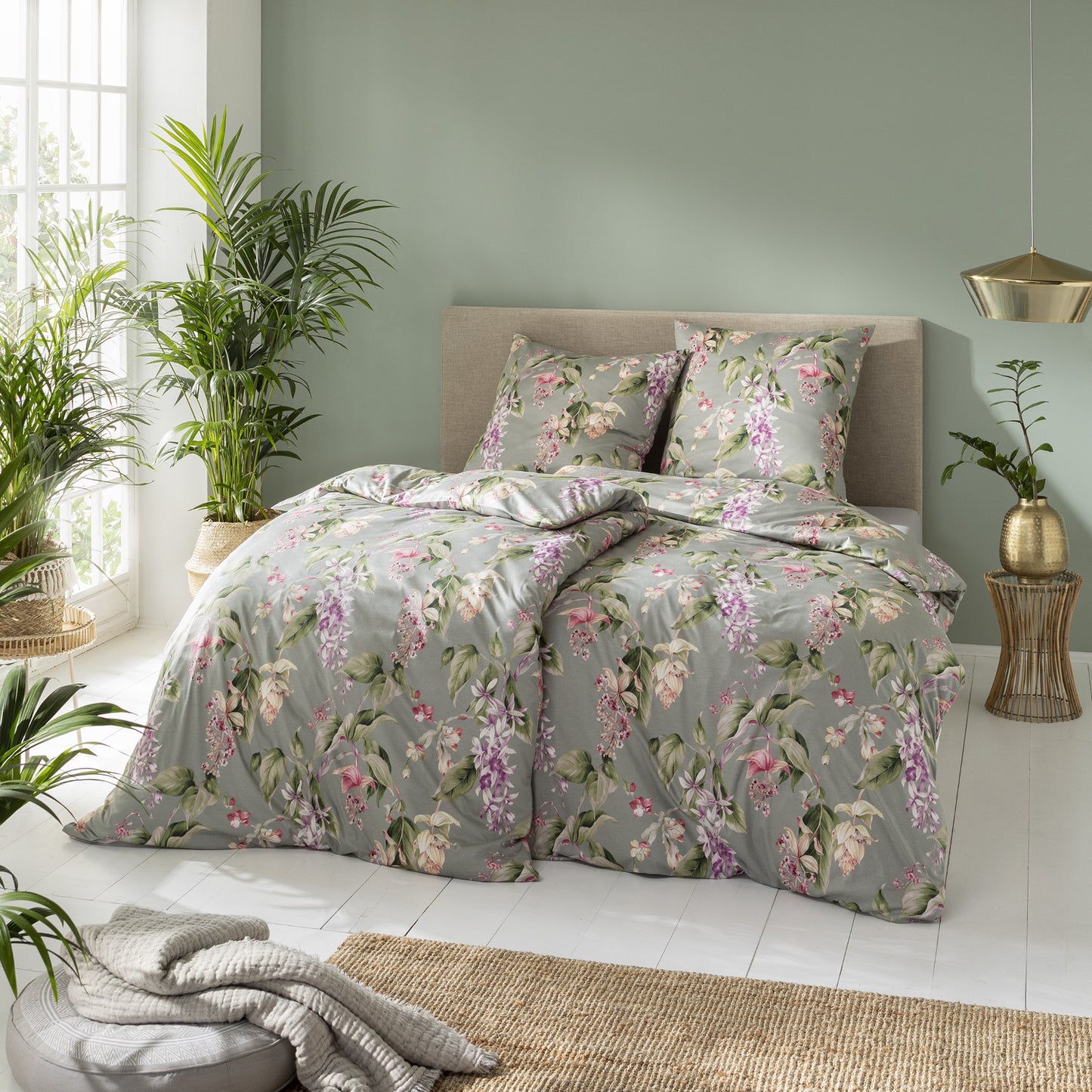 Estella Interlock Jersey Bettwäsche Kalea 6952-16 Blumen Grau 135x200