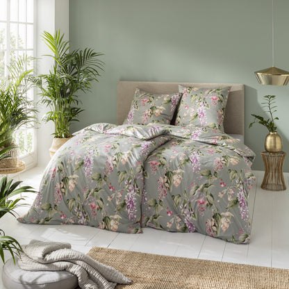 Estella Interlock Jersey Bettwäsche Kalea 6952-16 Blumen Grau 135x200