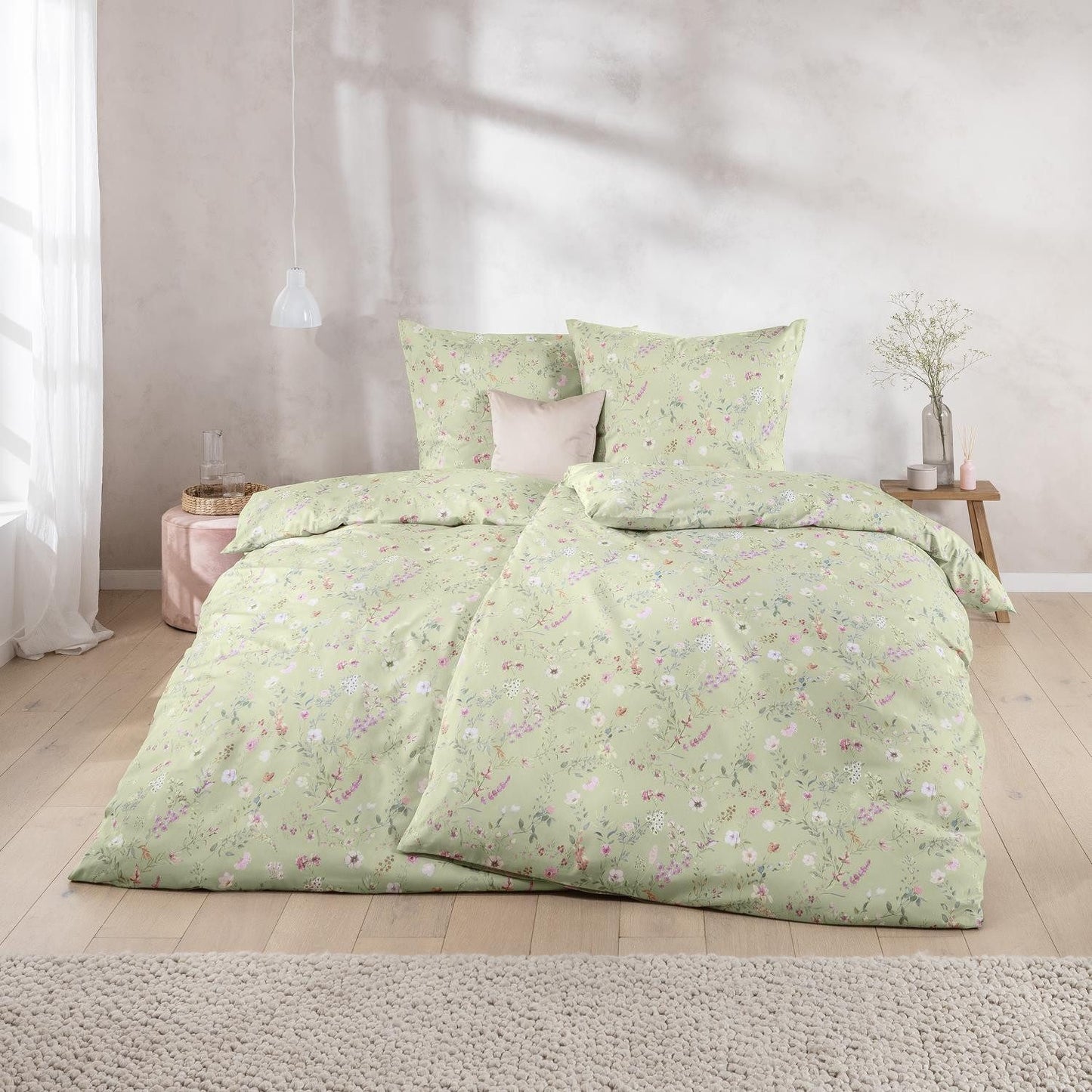 Estella Mako Satin Bettwäsche Dilara 7529-550 Blumen Grün Rosa 135x200