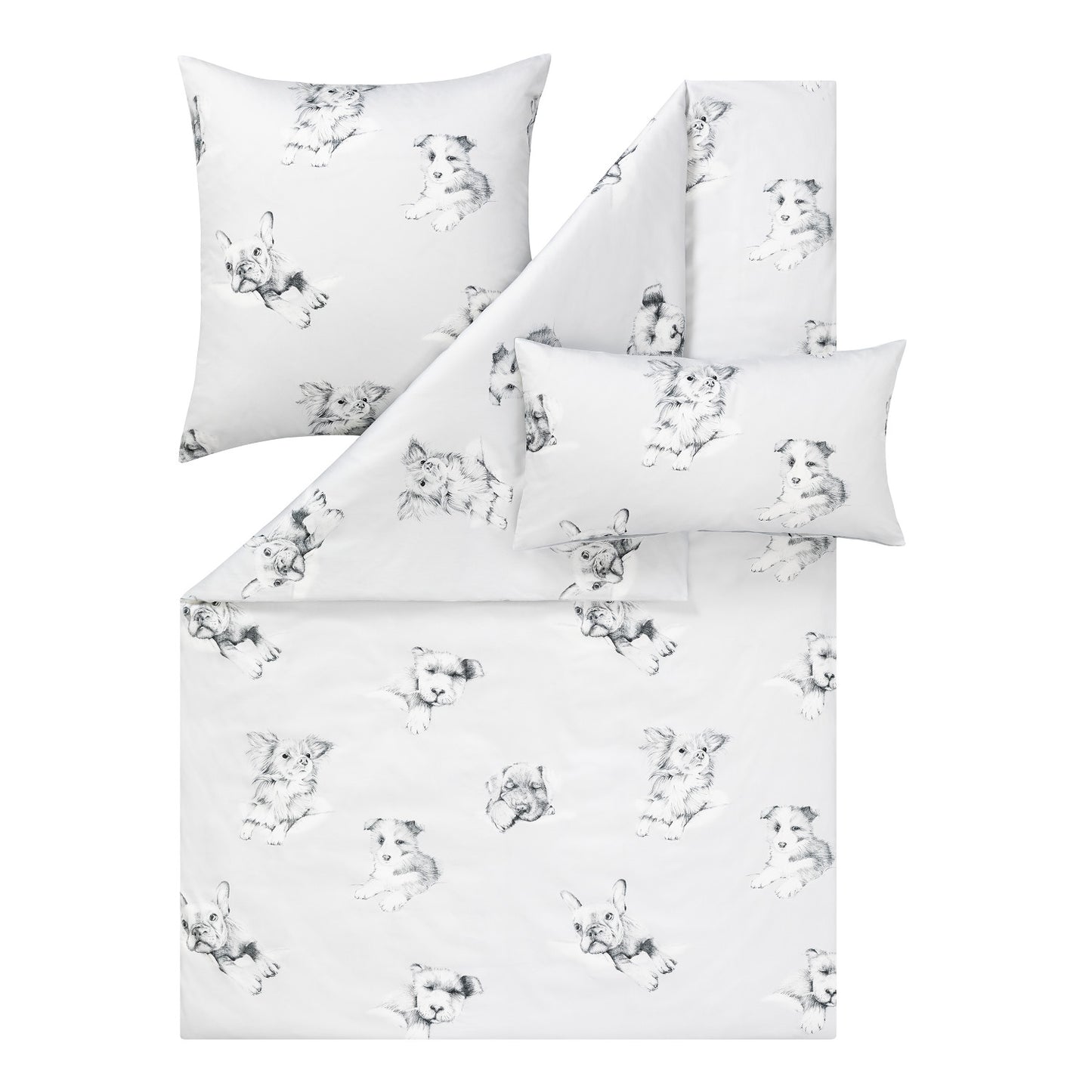 Bettwäsche Mako Satin Dogs Silber mit Hundemotiv 135 x 200 cm