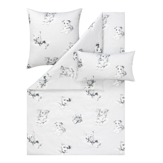Bettwäsche Mako Satin Dogs Silber mit Hundemotiv 135 x 200 cm
