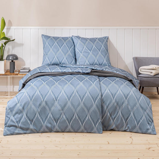 Estella Mako Satin Bettwäsche Lyanna 7943-610 Rauten Blau 135x200