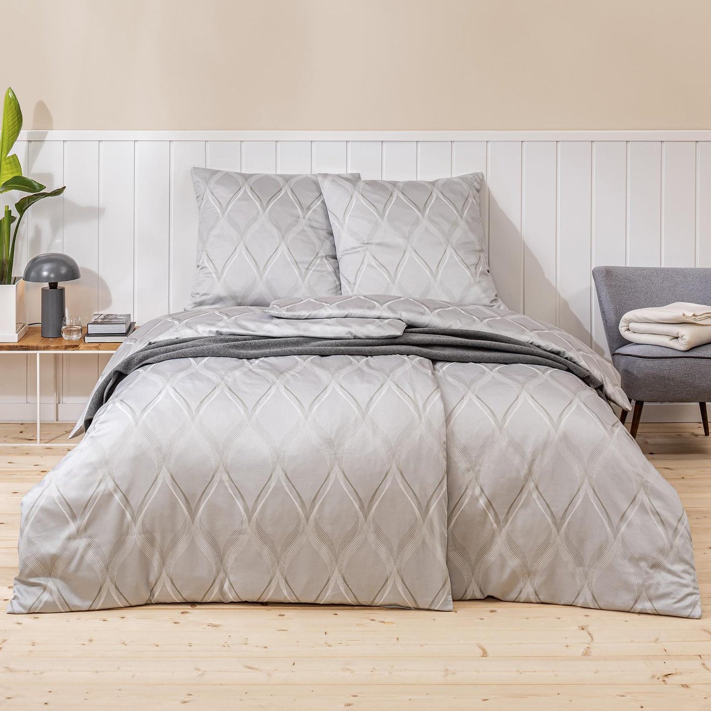 Estella Mako Satin Bettwäsche Lyanna 7943-820 Rauten Silber 135x200