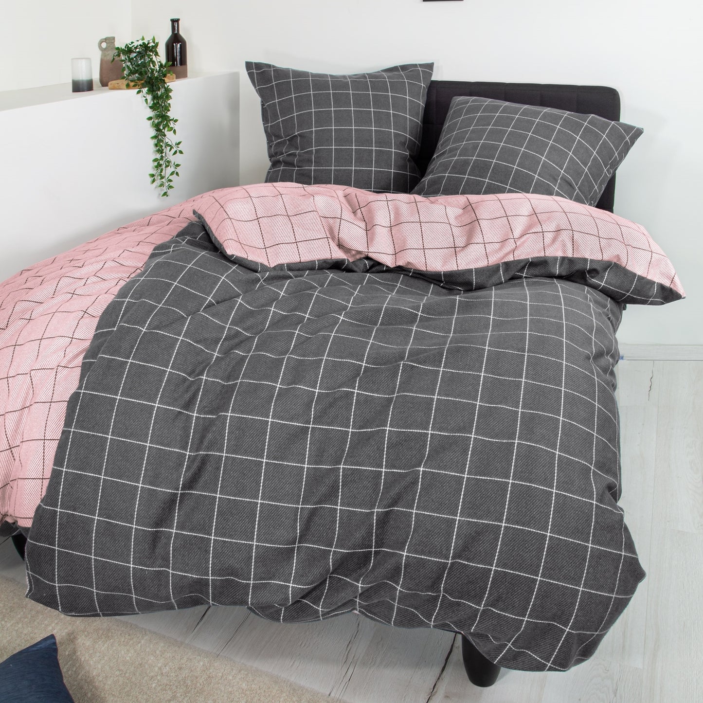 4 tlg Irisette Biber Bettwäsche Koala 8224-60 kariert grau rosa135x200