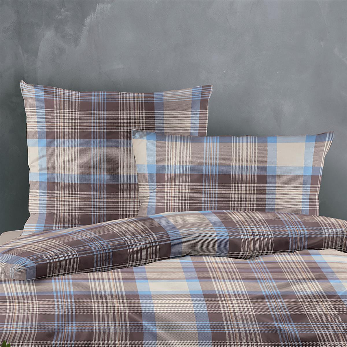 Bettwäsche Mako Satin Wave Blau mit Karomuster 135 x 200 cm