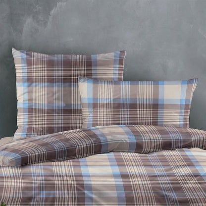 Bettwäsche Mako Satin Wave Blau mit Karomuster 135 x 200 cm