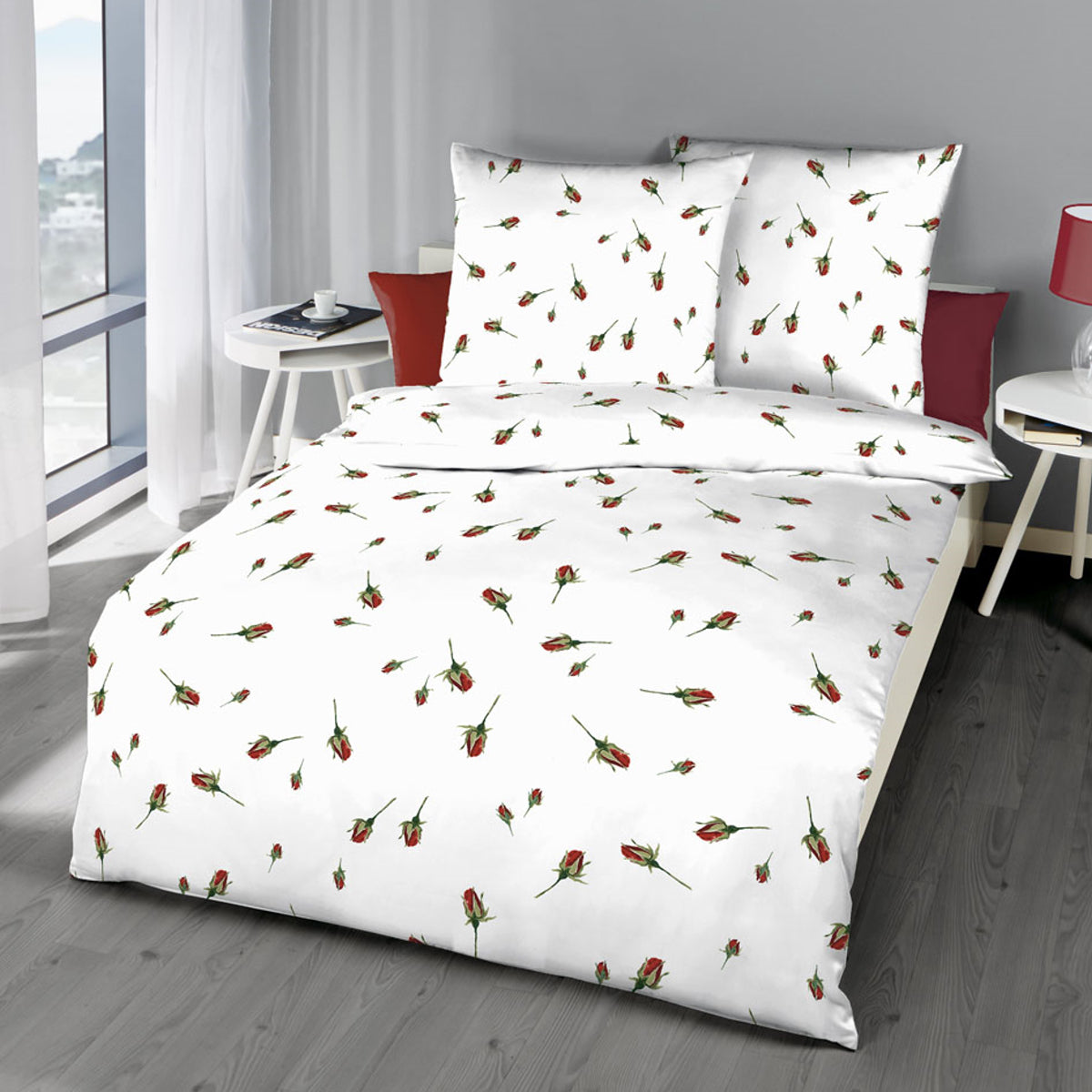 Bettwäsche Kaeppel Biber 844-508 Rosen-Knospen rot creme 135x200