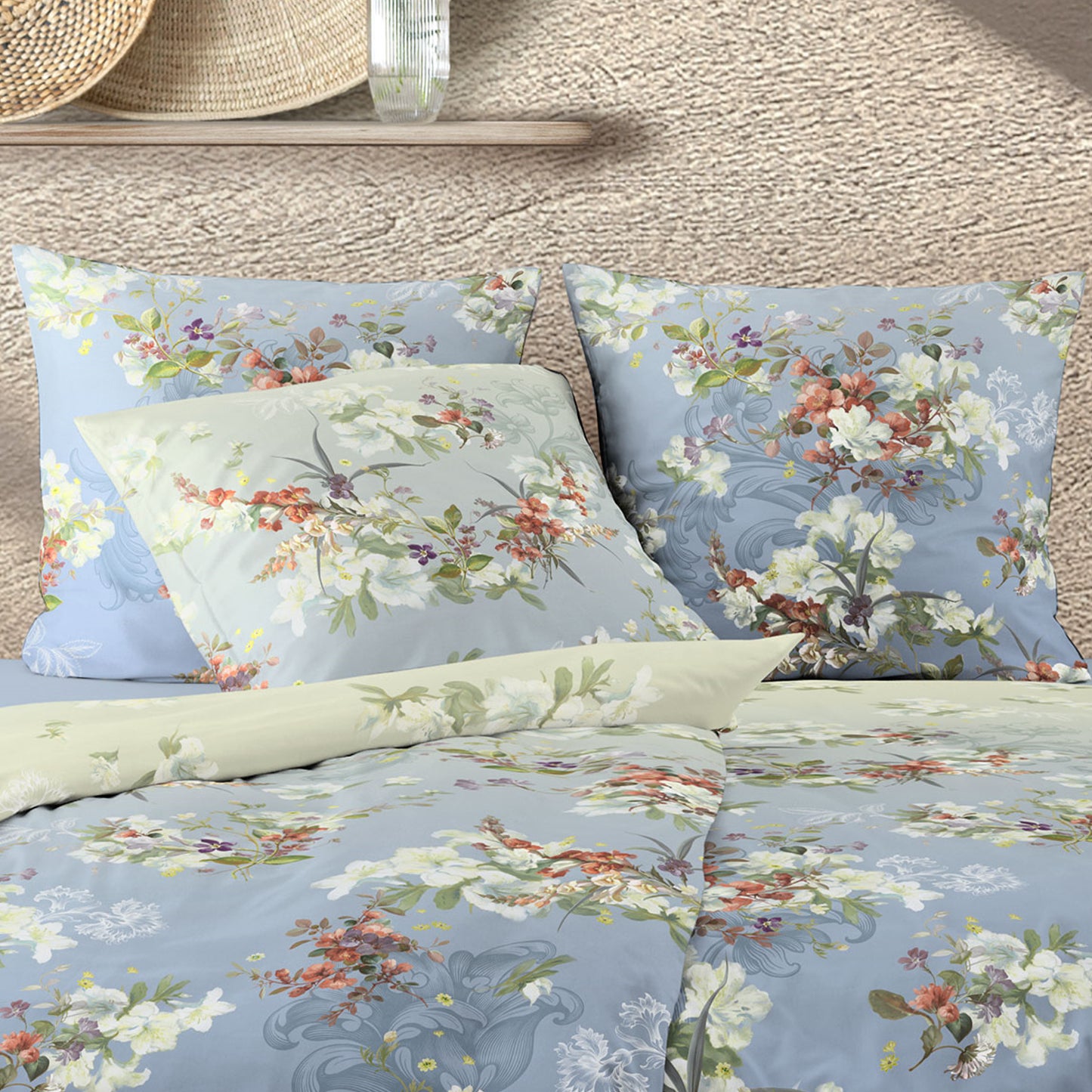 Irisette Mako Satin Bettwäsche Wave 8522-20 blau Blumen 135x200