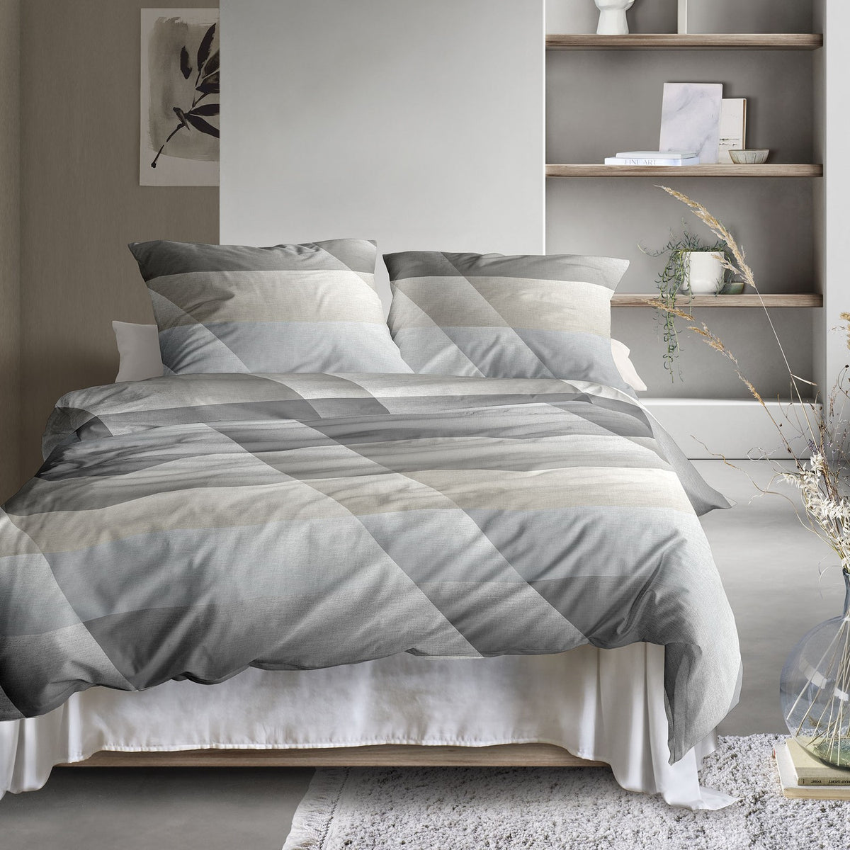 Bettwäsche Mako Satin Wave Grau mit Streifenmuster 135 x 200 cm