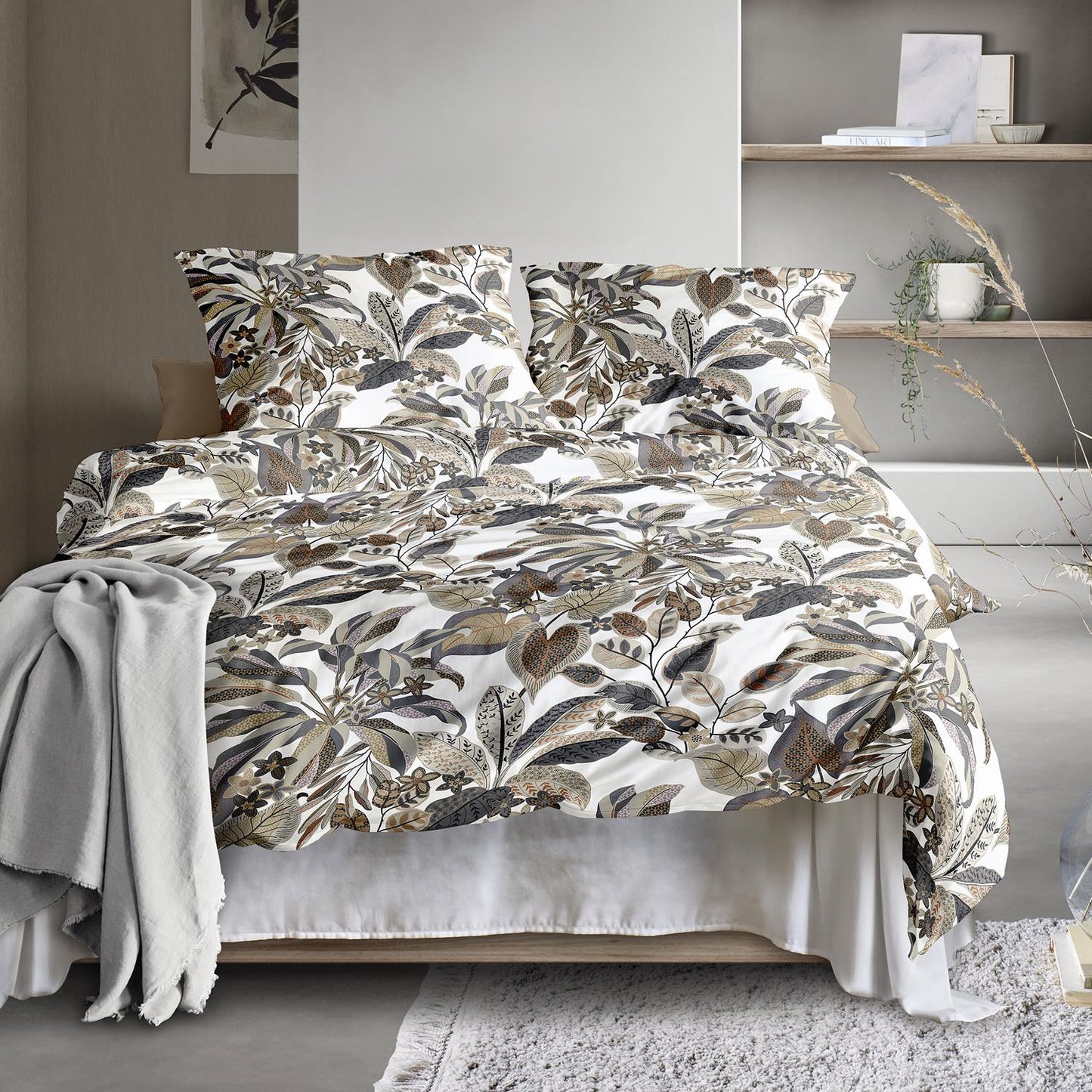 Irisette Mako Satin Bettwäsche Wave 8528-11 Blätter Natur Grau 135x200