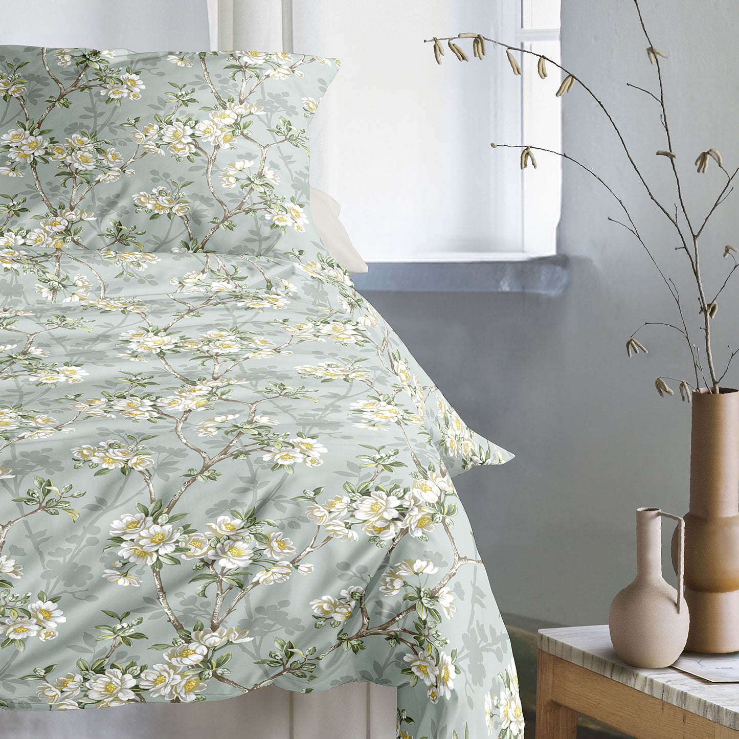 Irisette Mako Satin Bettwäsche Tokio 8537-30 Kirschblüten grün 135x200