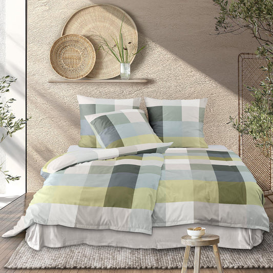 Irisette Mako Satin Bettwäsche Wave 8542-30 Kariert Mint Grau 135x200