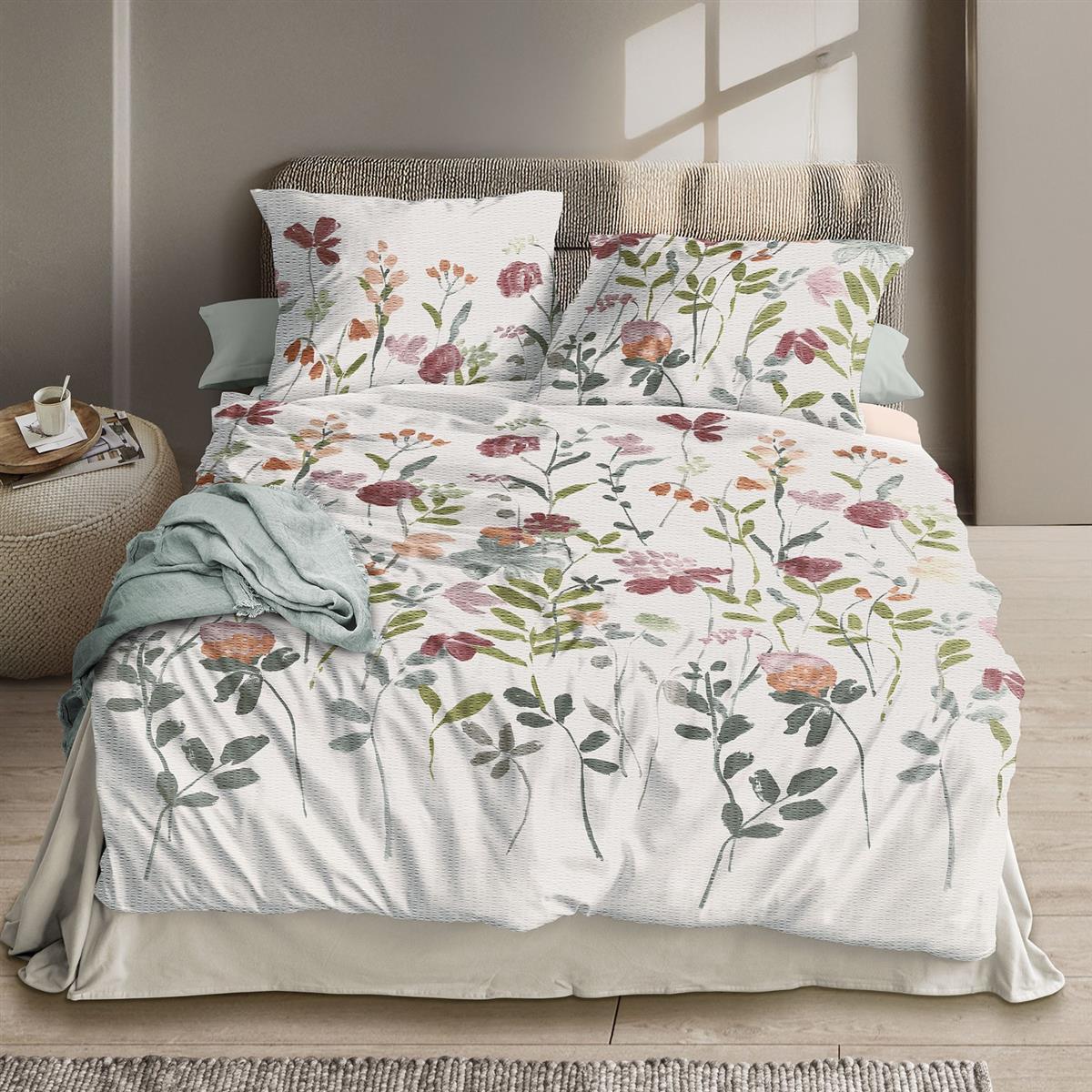 Irisette Seersucker Bettwäsche Easy 8547-60 Blumen rot grün 135x200