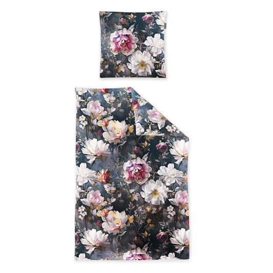 Irisette Mako Satin Bettwäsche Wave 8574-90 Blumen Rosa Grau 135x200