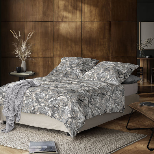 Irisette Mako Satin Bettwäsche Wave 8585-80 Blumen Grau Natur 135x200