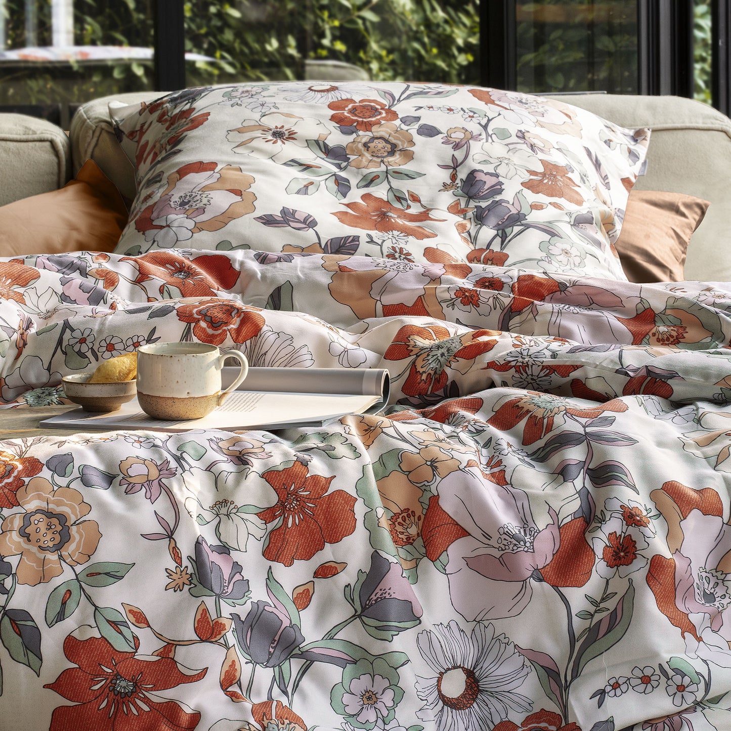 Irisette Mako Satin Bettwäsche Wave 8623-60 rot beige Blumen 135x200