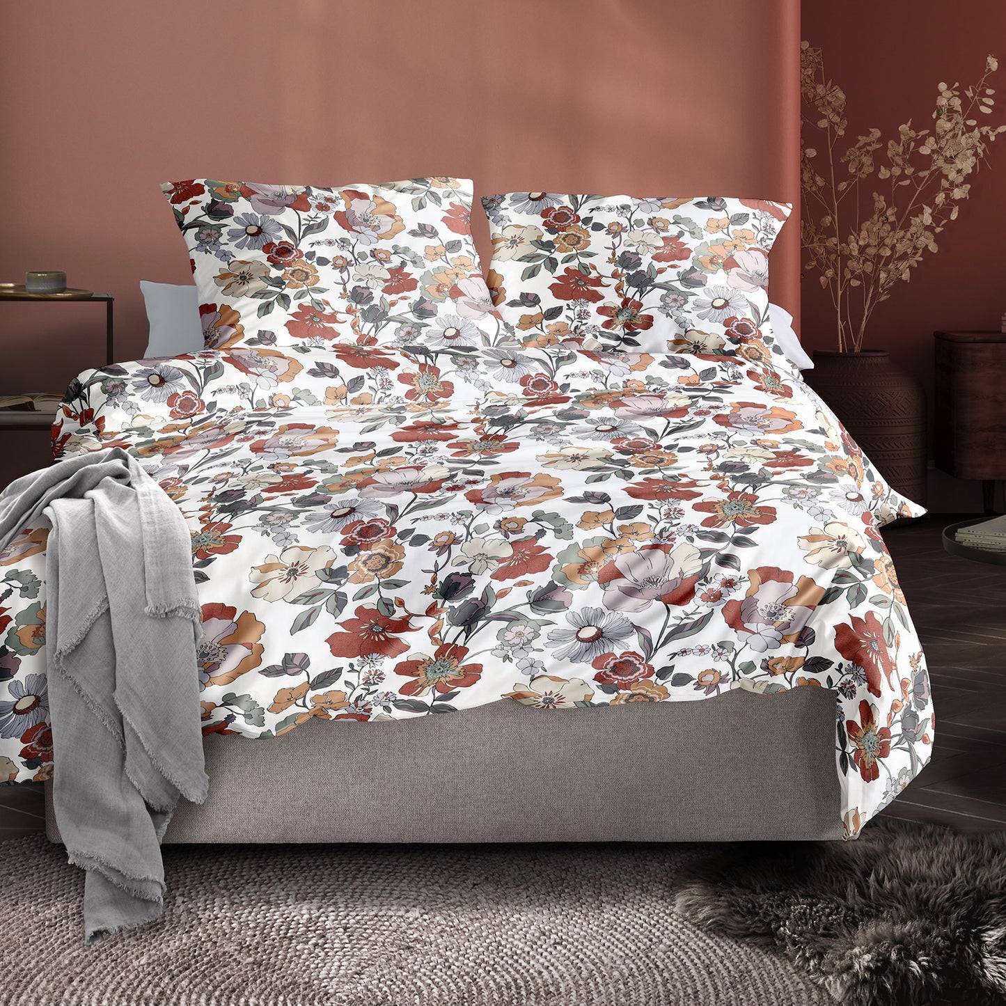 Irisette Mako Satin Bettwäsche Wave 8623-60 rot beige Blumen 135x200