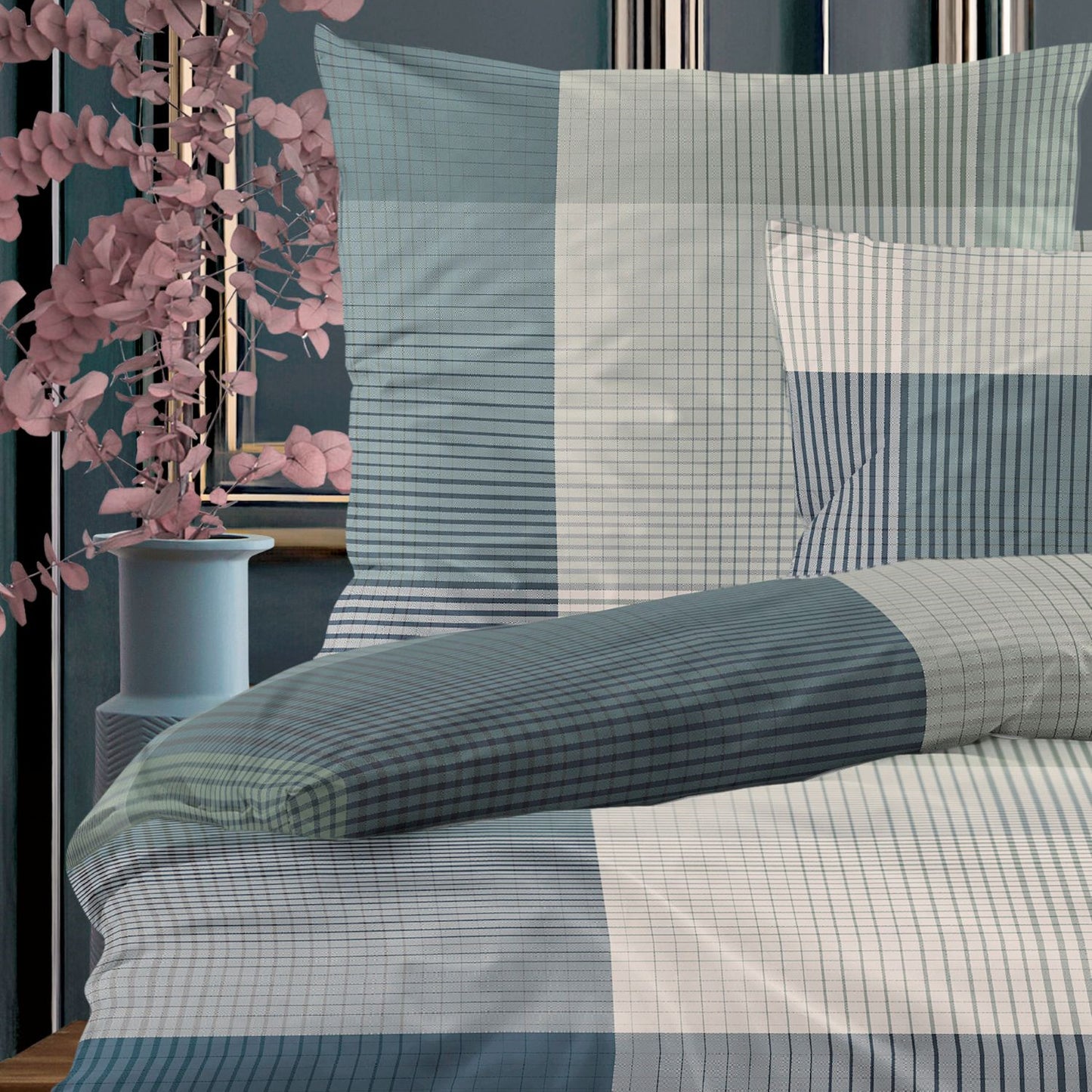 Irisette Mako Satin Bettwäsche Wave 8637-30 Karo salbei grau 135x200