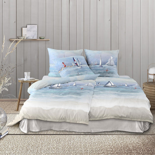 Irisette Mako Satin Bettwäsche Wave 8652-20 Segelboot Blau 135x200