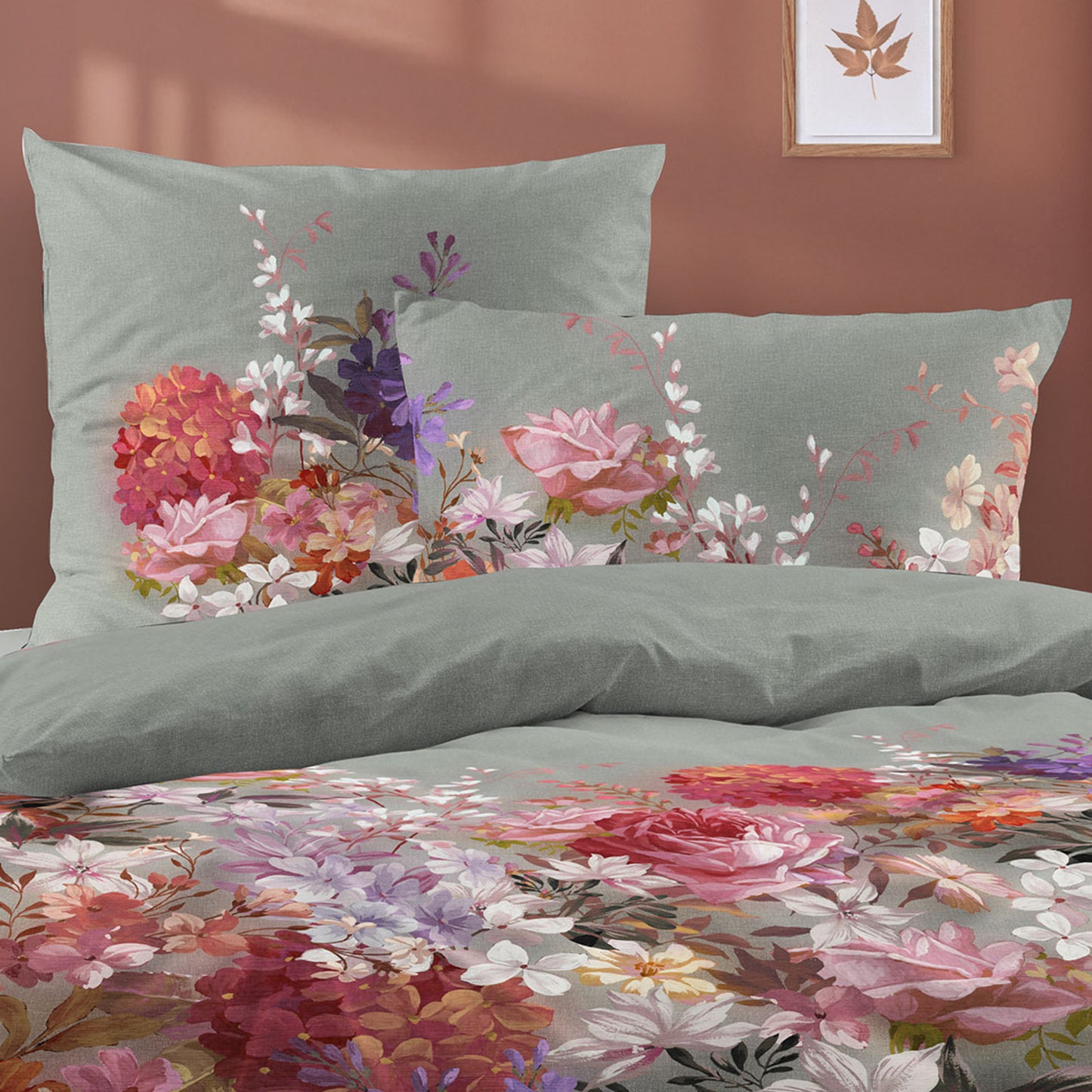Irisette Mako Satin Bettwäsche Wave 8669-30 Salbei Blumen Rosa 135x200
