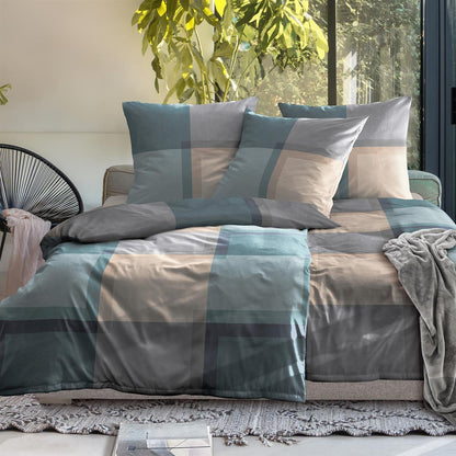 Bettwäsche Mako Satin Wave Blau mit Karomuster 135 x 200 cm, 155 x 220 cm