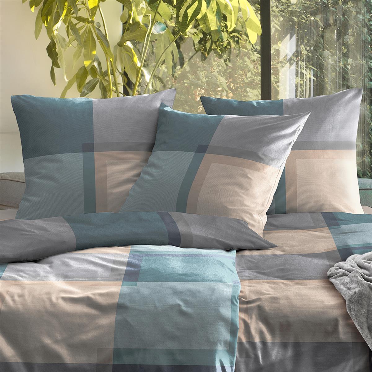 Bettwäsche Mako Satin Wave Blau mit Karomuster 135 x 200 cm, 155 x 220 cm
