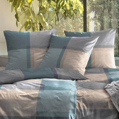 Bettwäsche Mako Satin Wave Blau mit Karomuster 135 x 200 cm, 155 x 220 cm