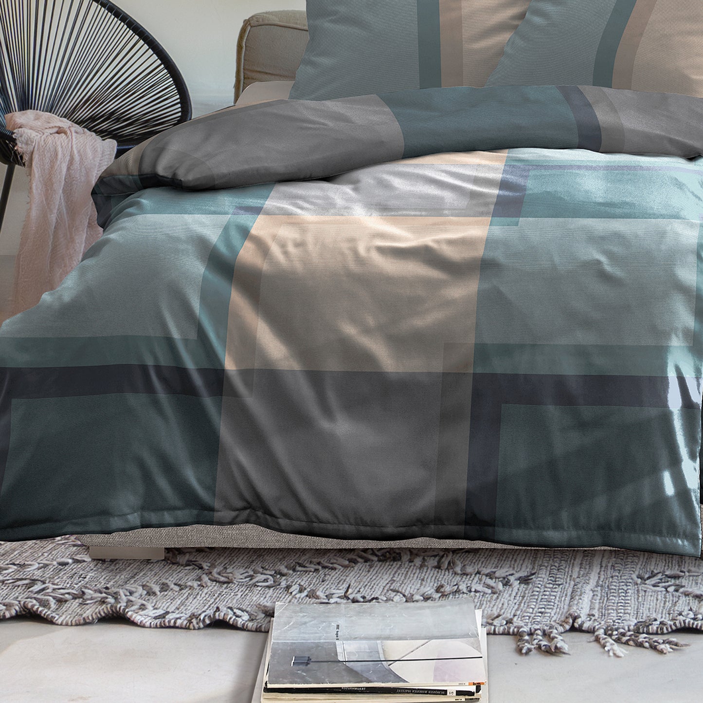 Irisette Mako Satin Bettwäsche Wave 8672-20 Karo blau sand