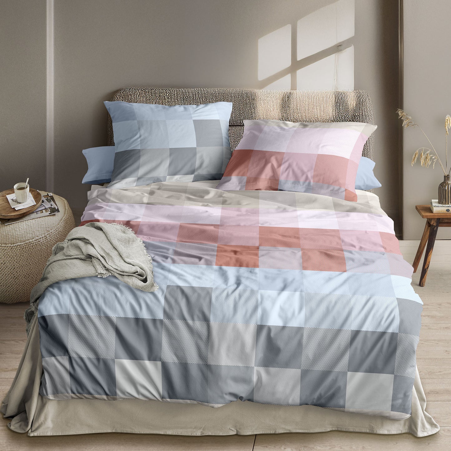 Irisette Mako Satin Bettwäsche Wave 8695-60 Karo rot blau 135x200