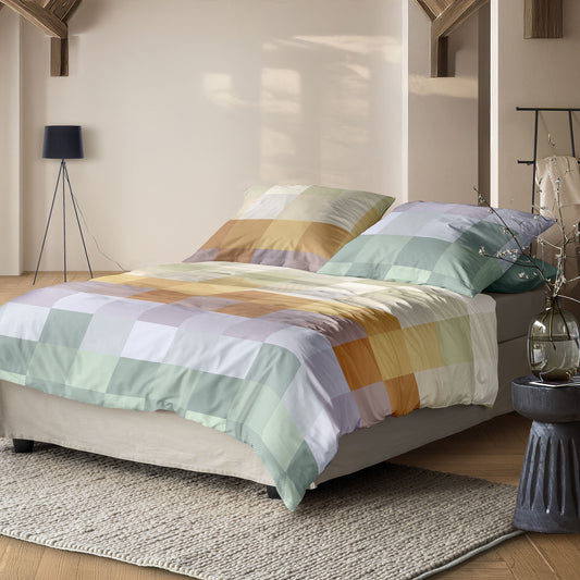 Irisette Mako Satin Bettwäsche Wave 8695-90 Karo gelb grün 135x200