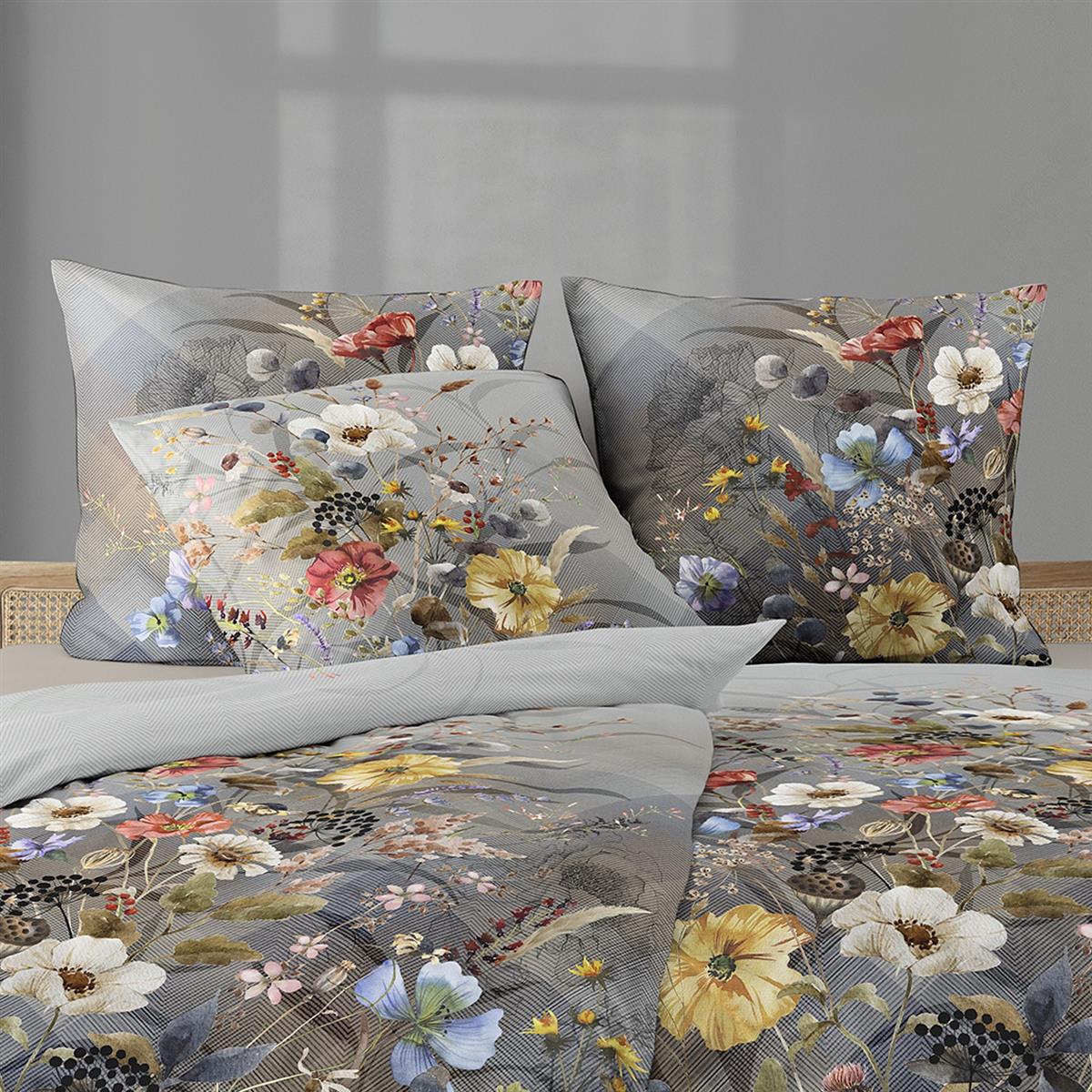 Irisette Flausch Cotton Bettwäsche Zobel 8707-90 Blumen grau 135x200