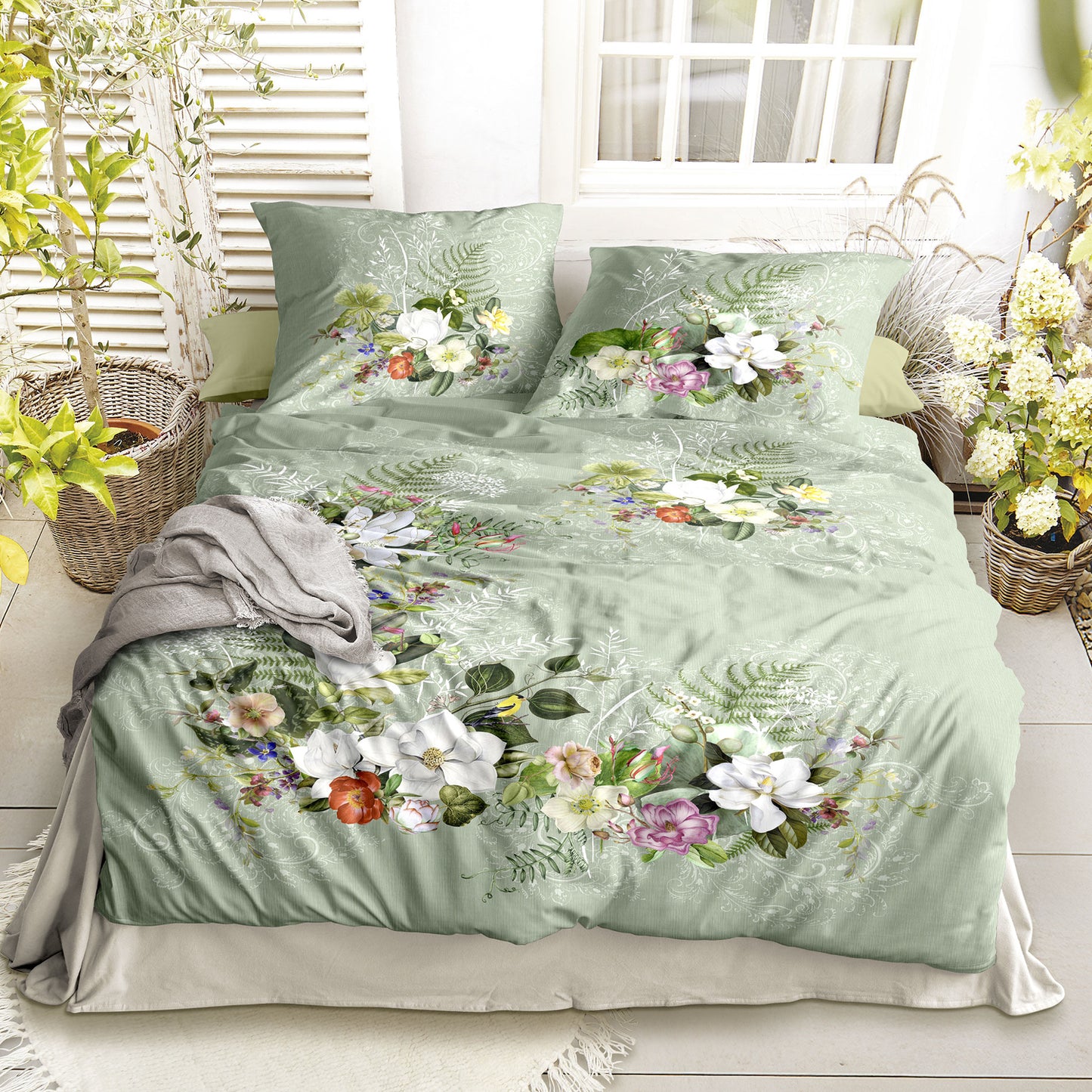 Irisette Mako Satin Bettwäsche Wave 8711-30 grün Blumenranken 135x200