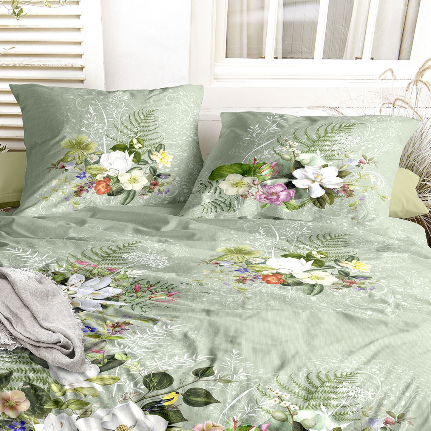 Irisette Mako Satin Bettwäsche Wave 8711-30 grün Blumenranken 135x200