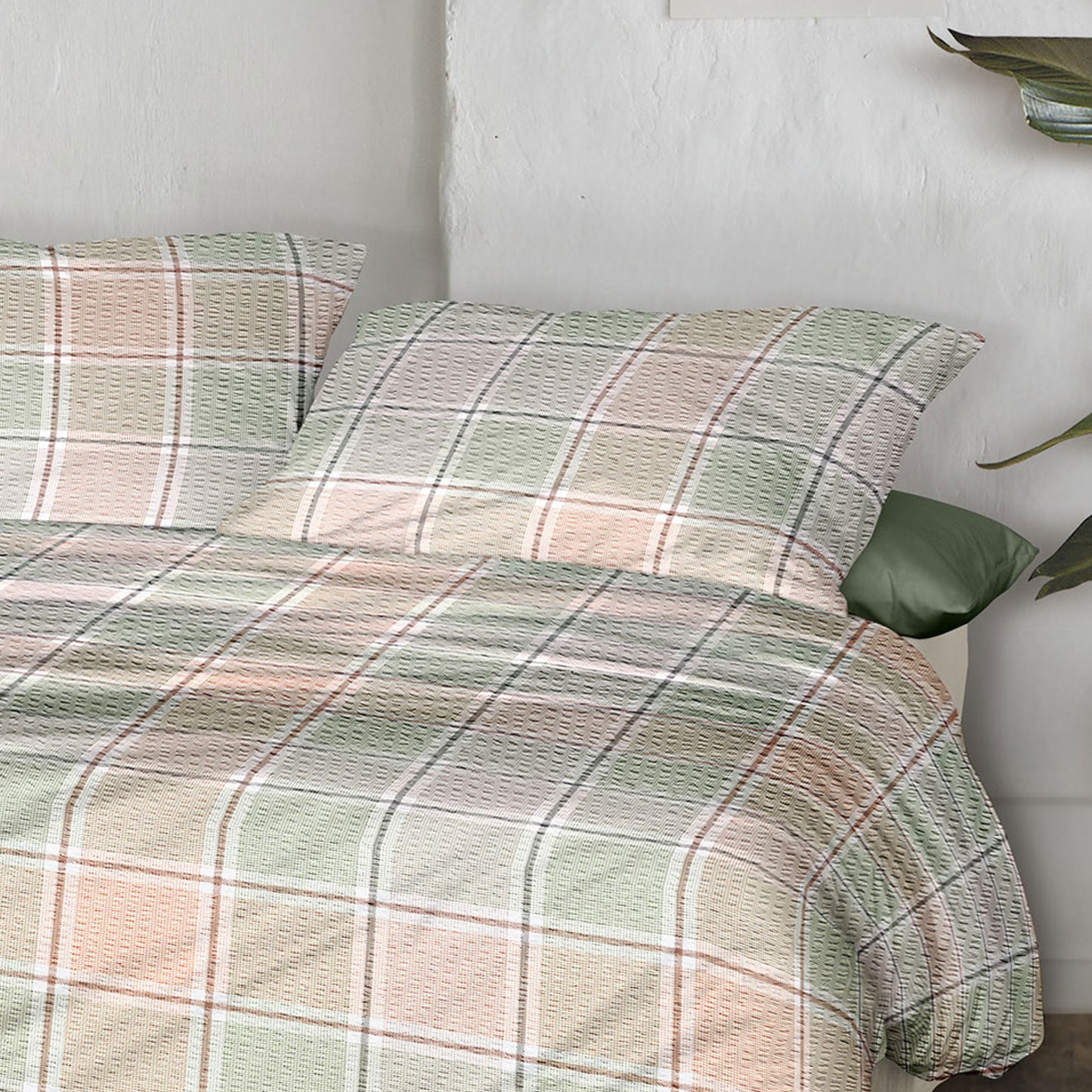 Irisette Seersucker Bettwäsche Easy 8715-90 Kariert grün lachs 135x200