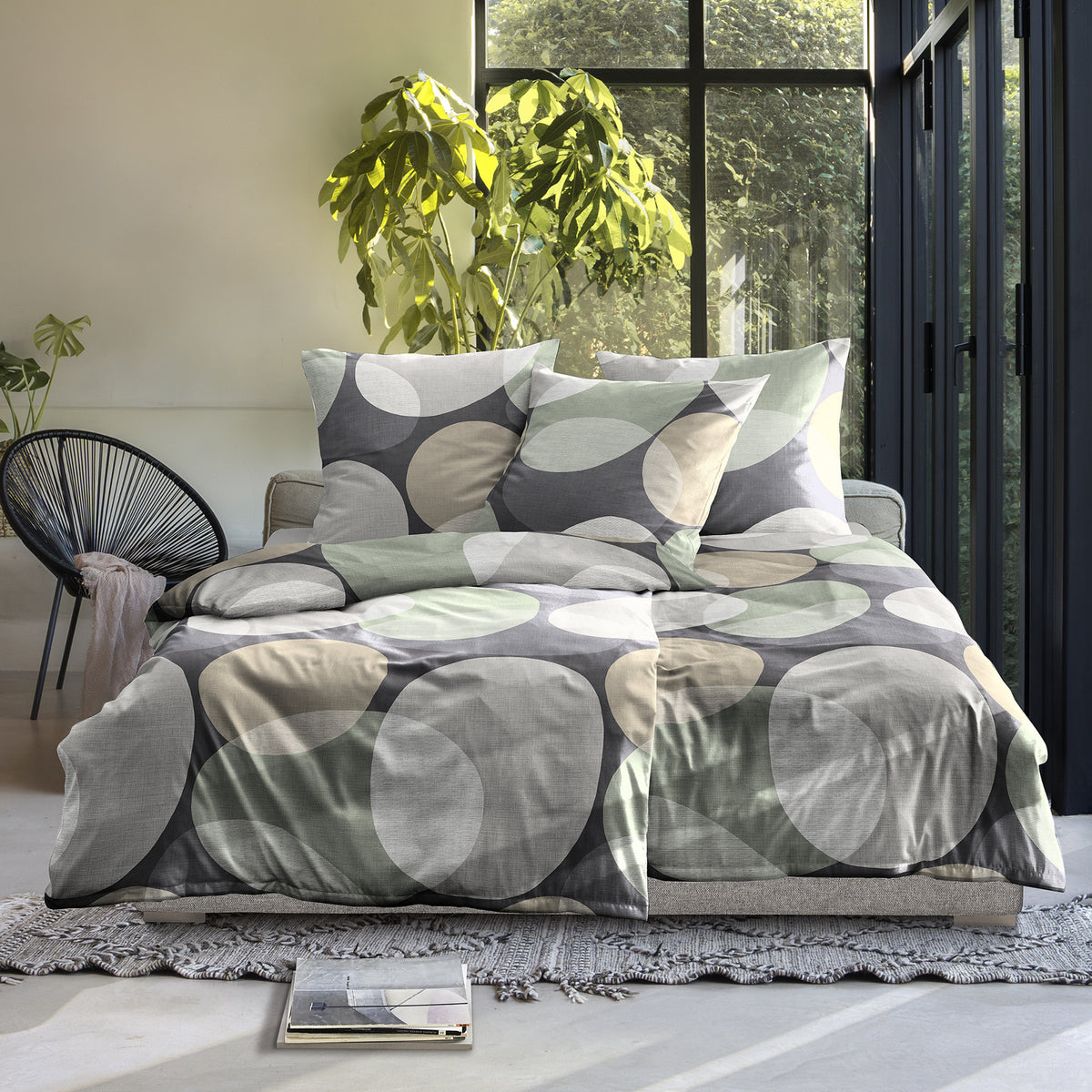 Irisette Biber Bettwäsche Meran 8755-11 Kreise grau grün taupe 135x200