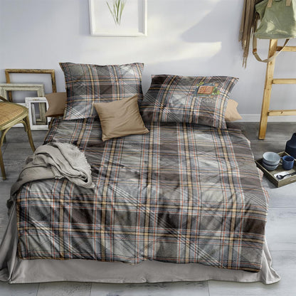 Bettwäsche Mako Satin Wave Grau mit Karomuster 135 x 200 cm