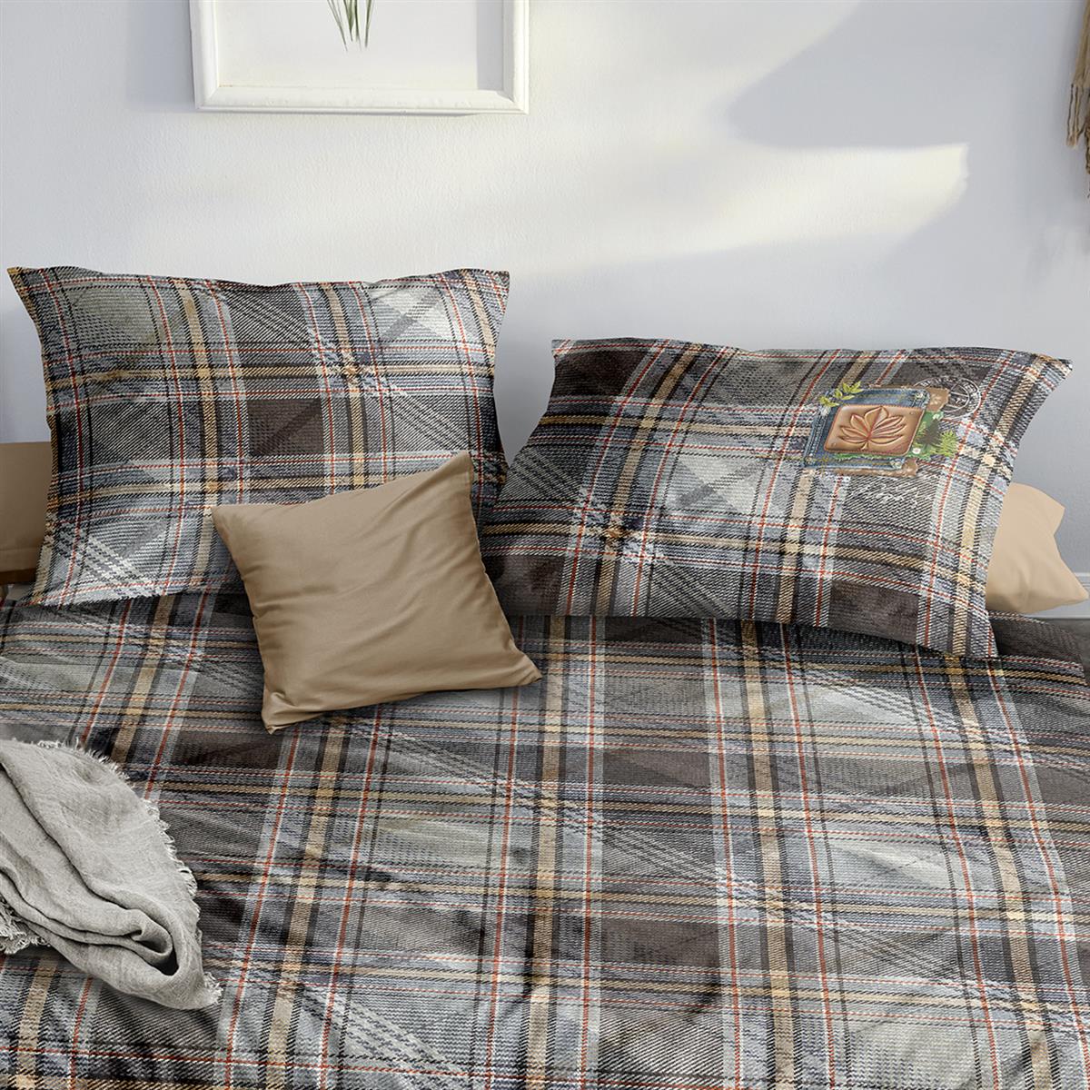 Bettwäsche Mako Satin Wave Grau mit Karomuster 135 x 200 cm