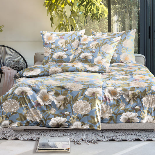 Irisette Mako Satin Bettwäsche Wave 8777-20 Blumen blau weiß 135x200