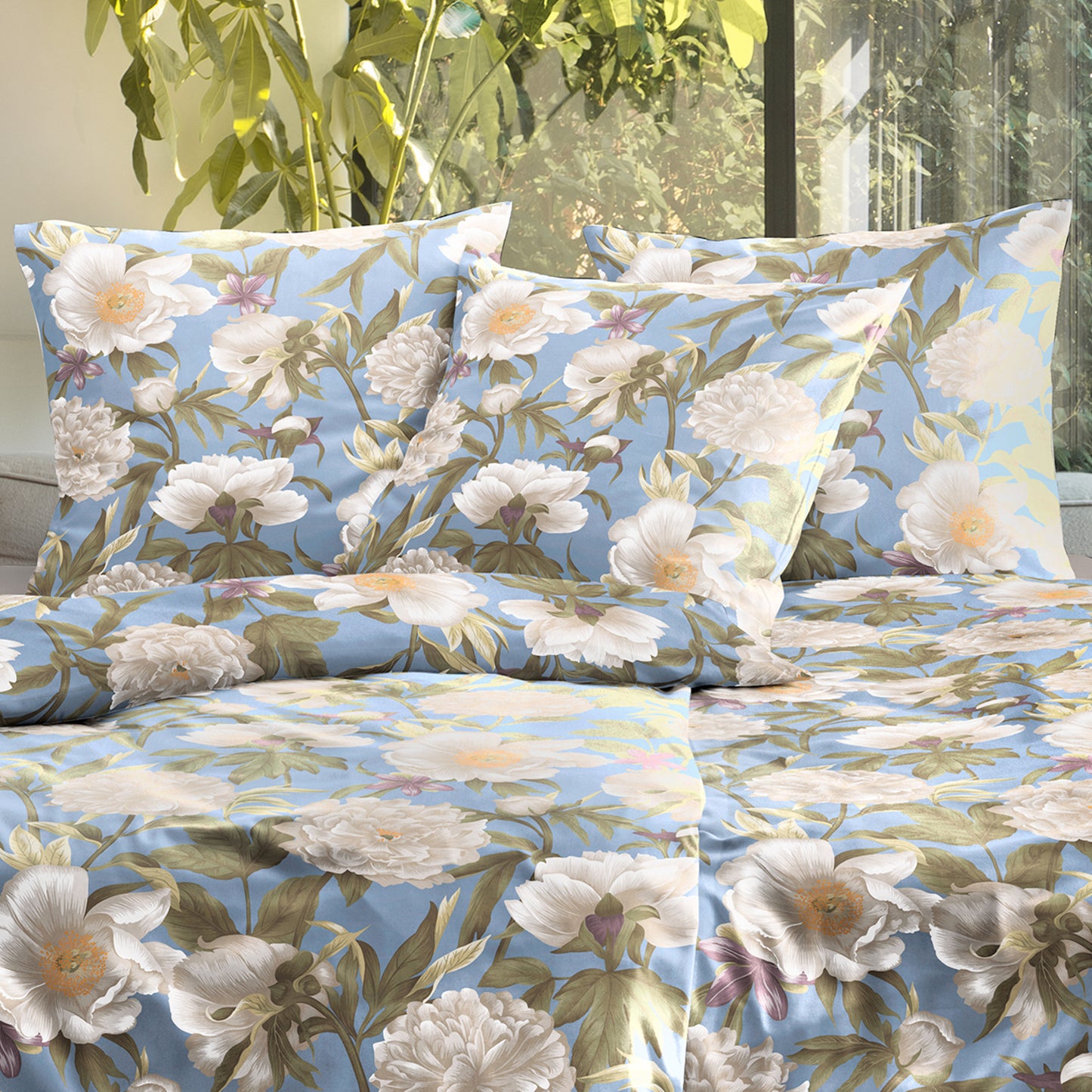 Irisette Mako Satin Bettwäsche Wave 8777-20 Blumen blau weiß 135x200