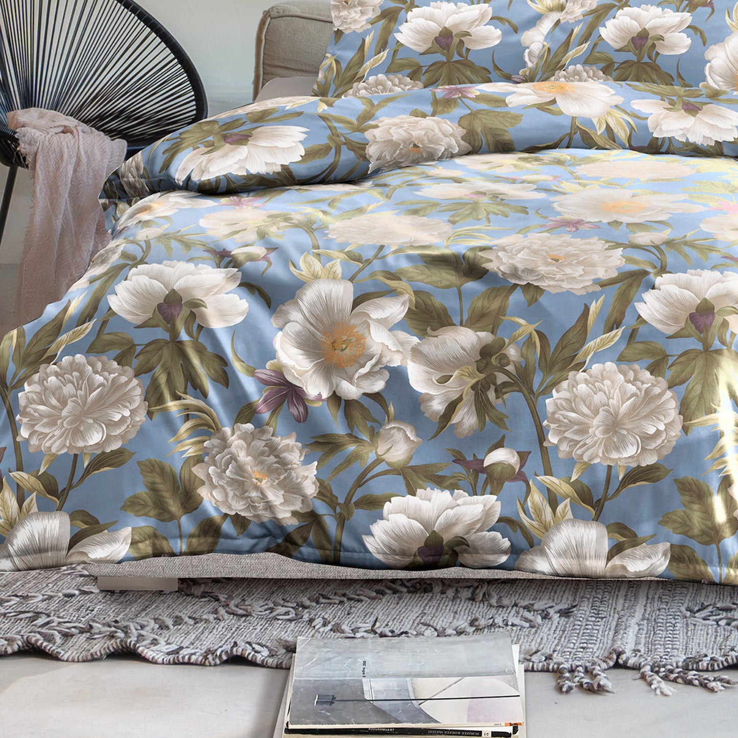 Irisette Mako Satin Bettwäsche Wave 8777-20 Blumen blau weiß 135x200