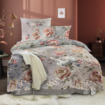 Bettwäsche Mako Satin Wave Grau mit Blumenmuster 135 x 200 cm